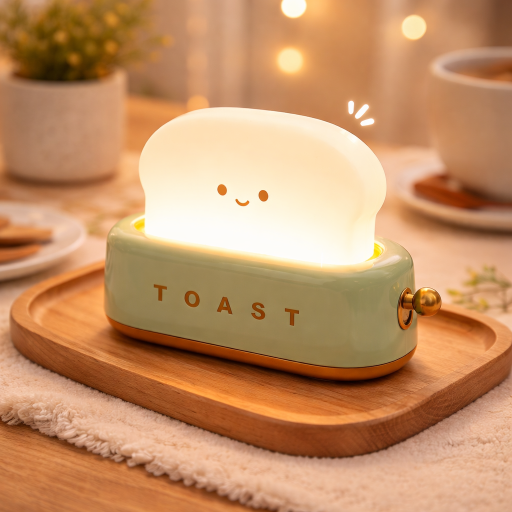 Cute Toaster Night Light – Rechargeable Toast Shape LED Bedside Lamp with Smile Face & Dimmable Warm Light
