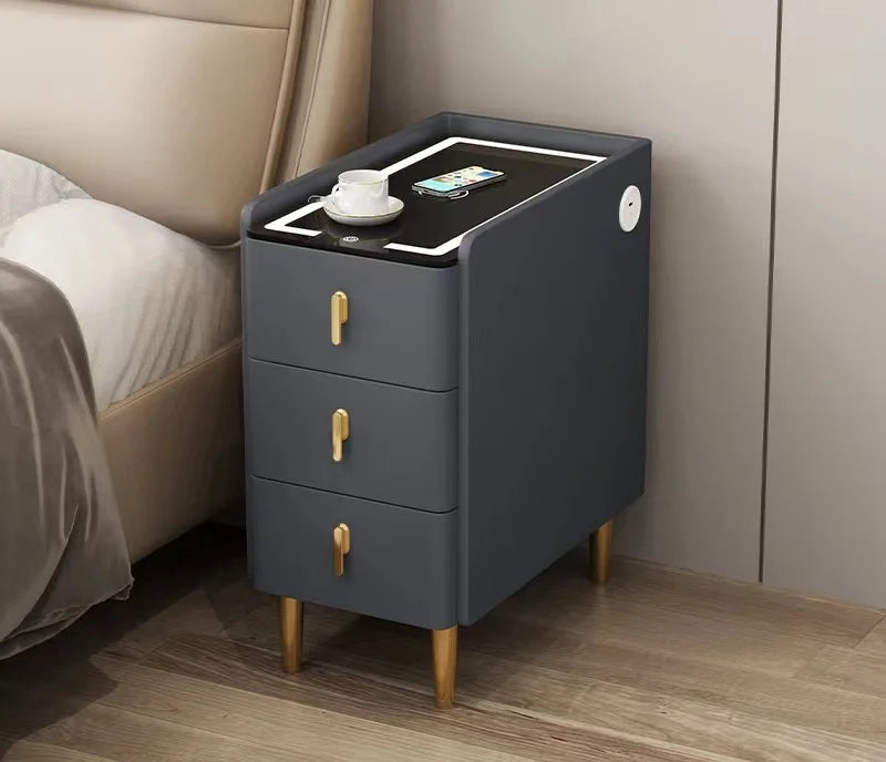Nordic Smart Solid Wood Bedside Table with Wireless Charging, LED Light & 3 Drawers – Modern Faux Leather Nightstand