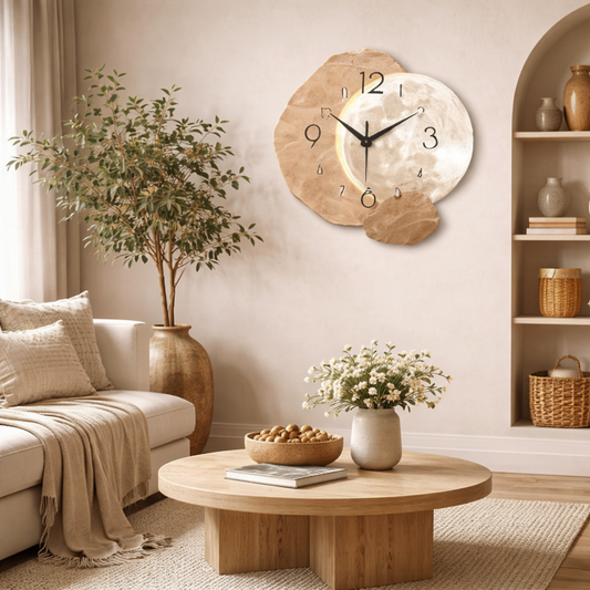 Modern Simple Silent Wall Clock, Moon Design - Quartz Movement, Wooden Material, for Bedroom, Living Room or Office Decoration