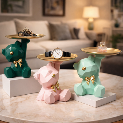 Kawaii Geometric Bear Tray with Butterfly – Decorative Storage Tray & Desktop Organizer for Home