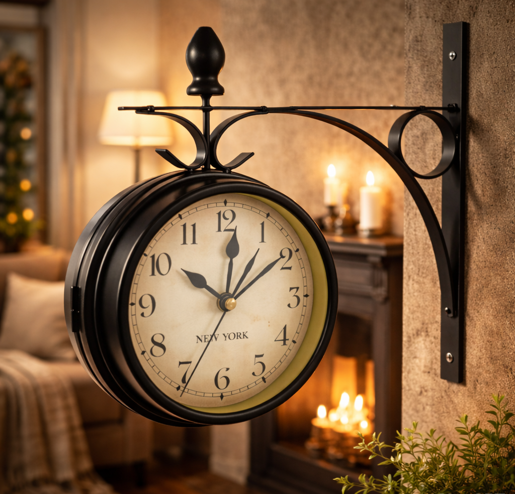 Retro Double-Sided Wall Clock – Vintage European Metal Station Clock