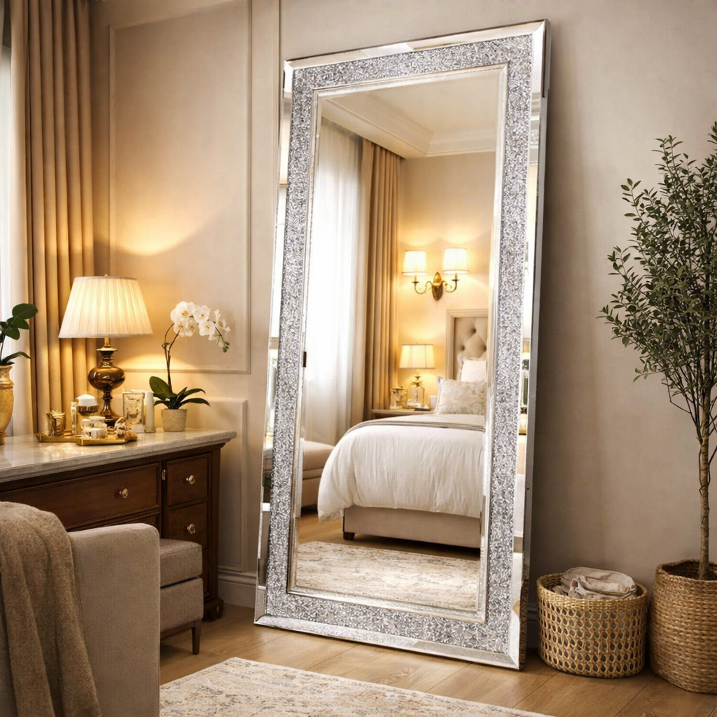 LUVODI Silver Crystal Vanity Wall Mirror with Diamond Rhinestone Frame