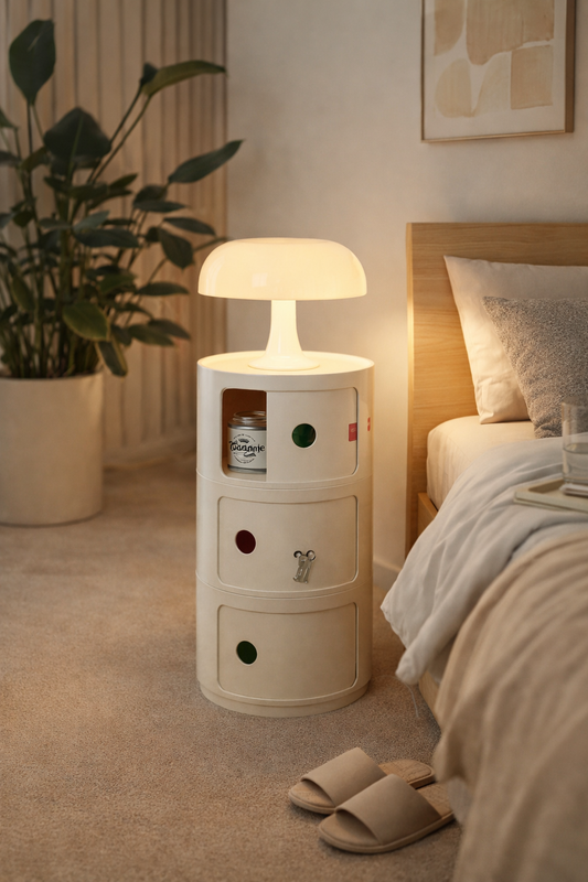 Round Nordic Bedside Table with Storage