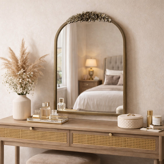 Antique Baroque Wall Mirror with Arched Brass Frame