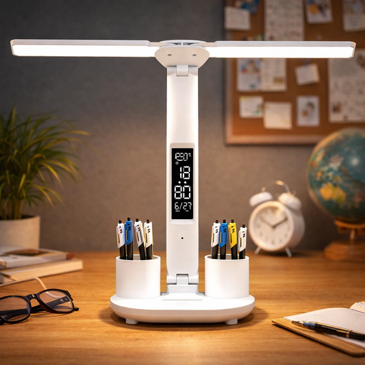 Rechargeable Double-Head LED Desk Lamp with Clock, Calendar & Dimmable Light