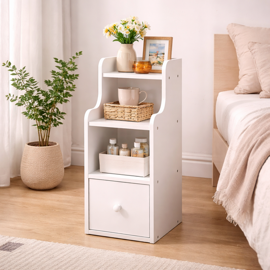 Slim White Narrow Bedside Table with Drawer & Open Shelf