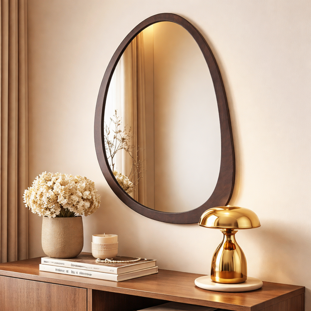 Irregular Wall Mirror with Black Walnut Wood Frame