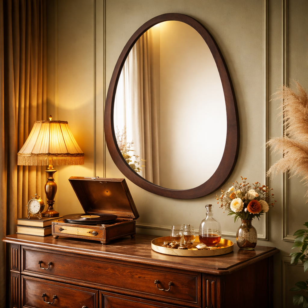 Irregular Wall Mirror with Black Walnut Wood Frame