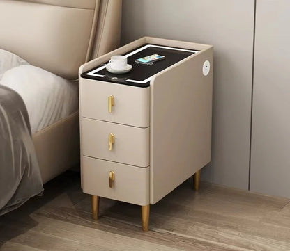 Nordic Smart Solid Wood Bedside Table with Wireless Charging, LED Light & 3 Drawers – Modern Faux Leather Nightstand