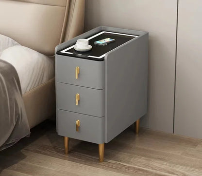 Nordic Smart Solid Wood Bedside Table with Wireless Charging, LED Light & 3 Drawers – Modern Faux Leather Nightstand