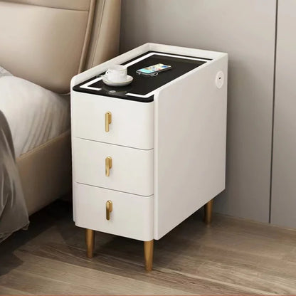 Nordic Smart Solid Wood Bedside Table with Wireless Charging, LED Light & 3 Drawers – Modern Faux Leather Nightstand