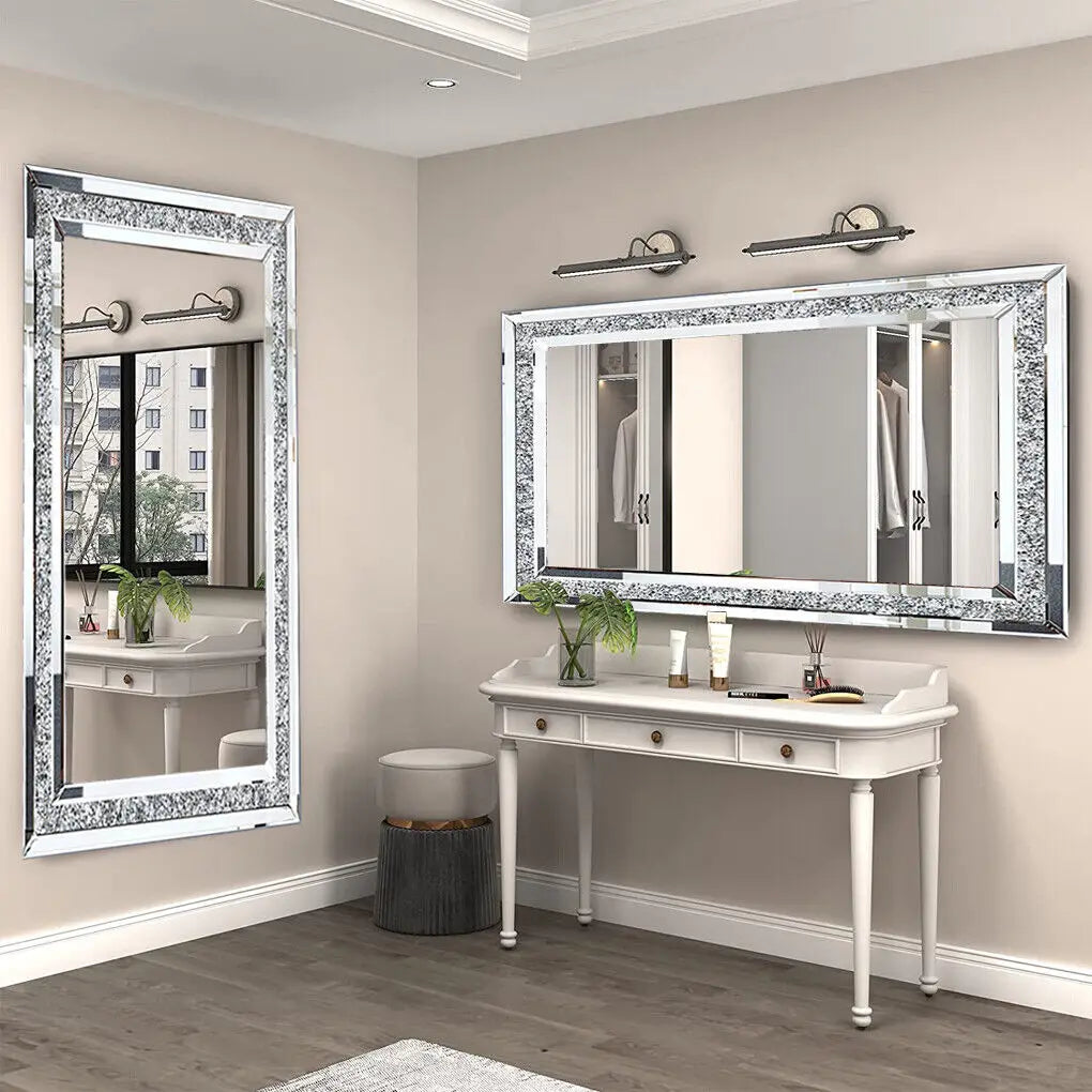 LUVODI Silver Crystal Vanity Wall Mirror with Diamond Rhinestone Frame