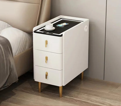 Nordic Smart Solid Wood Bedside Table with Wireless Charging, LED Light & 3 Drawers – Modern Faux Leather Nightstand