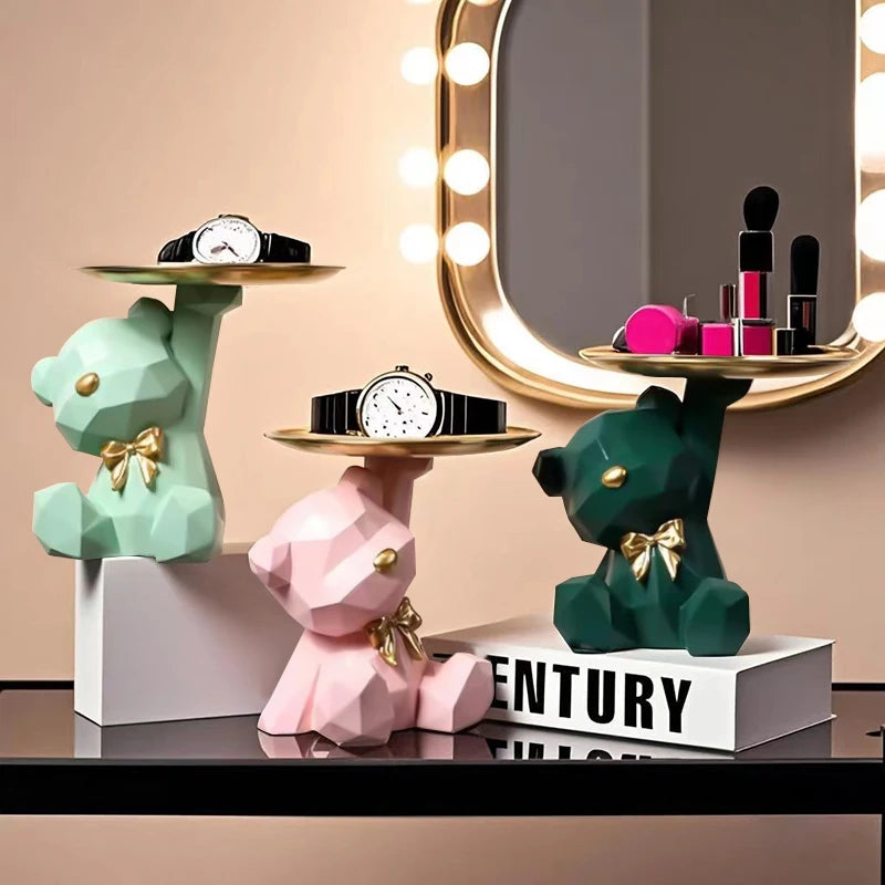 Kawaii Geometric Bear Tray with Butterfly – Decorative Storage Tray & Desktop Organizer for Home