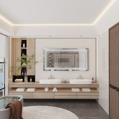 LUVODI Silver Crystal Vanity Wall Mirror with Diamond Rhinestone Frame