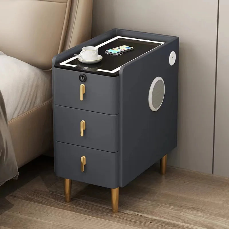 Nordic Smart Solid Wood Bedside Table with Wireless Charging, LED Light & 3 Drawers – Modern Faux Leather Nightstand