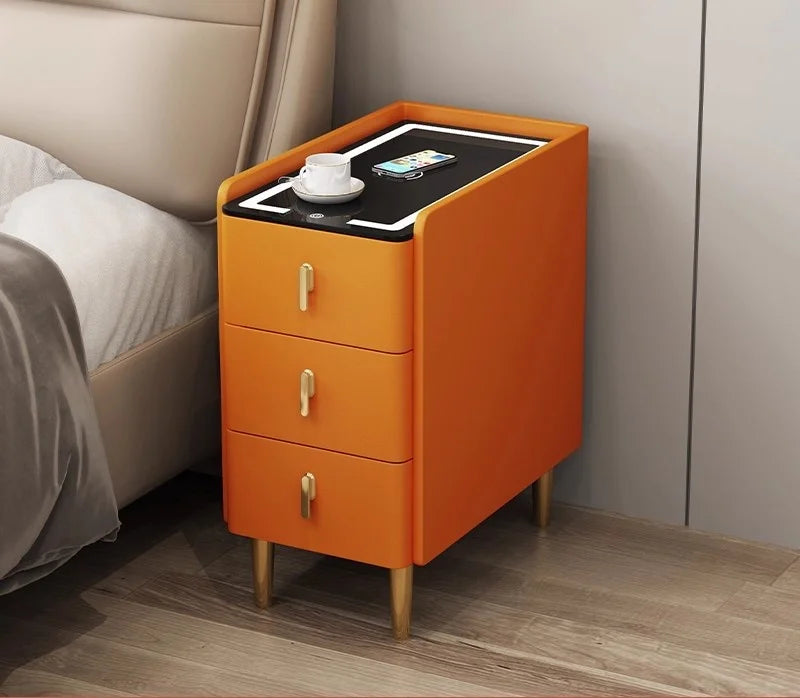 Nordic Smart Solid Wood Bedside Table with Wireless Charging, LED Light & 3 Drawers – Modern Faux Leather Nightstand
