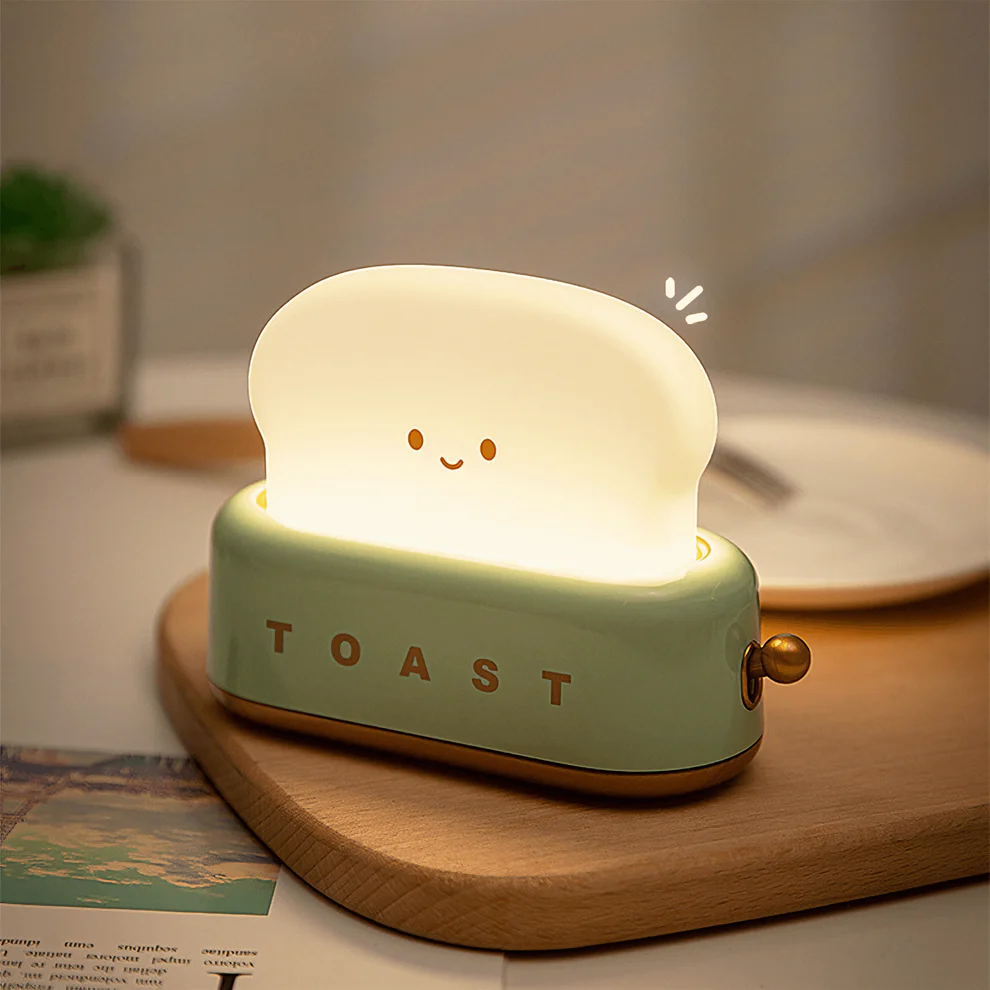 Cute Toaster Night Light – Rechargeable Toast Shape LED Bedside Lamp with Smile Face & Dimmable Warm Light