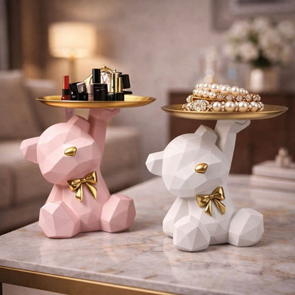 Kawaii Geometric Bear Tray with Butterfly – Decorative Storage Tray & Desktop Organizer for Home