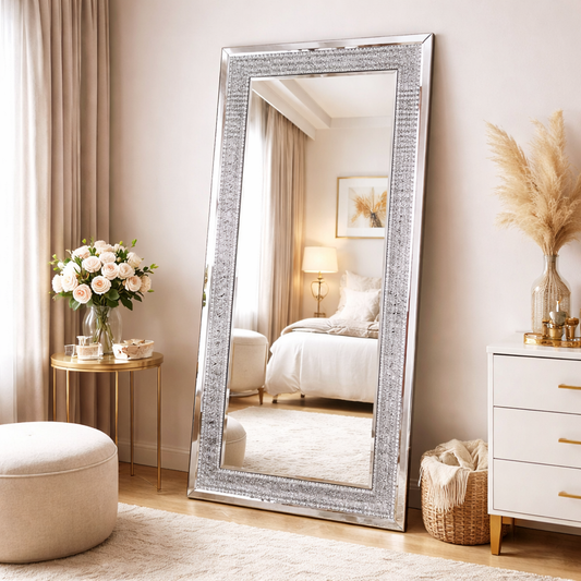 LUVODI Silver Crystal Vanity Wall Mirror with Diamond Rhinestone Frame