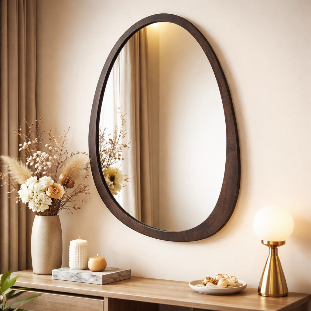 Irregular Wall Mirror with Black Walnut Wood Frame