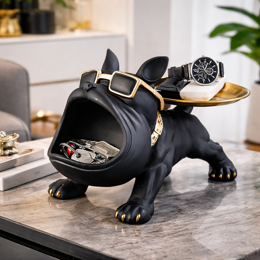 Luxury Bulldog Resin Statue with Storage Tray – Decorative Dog Sculpture & Organizer for Home Decor